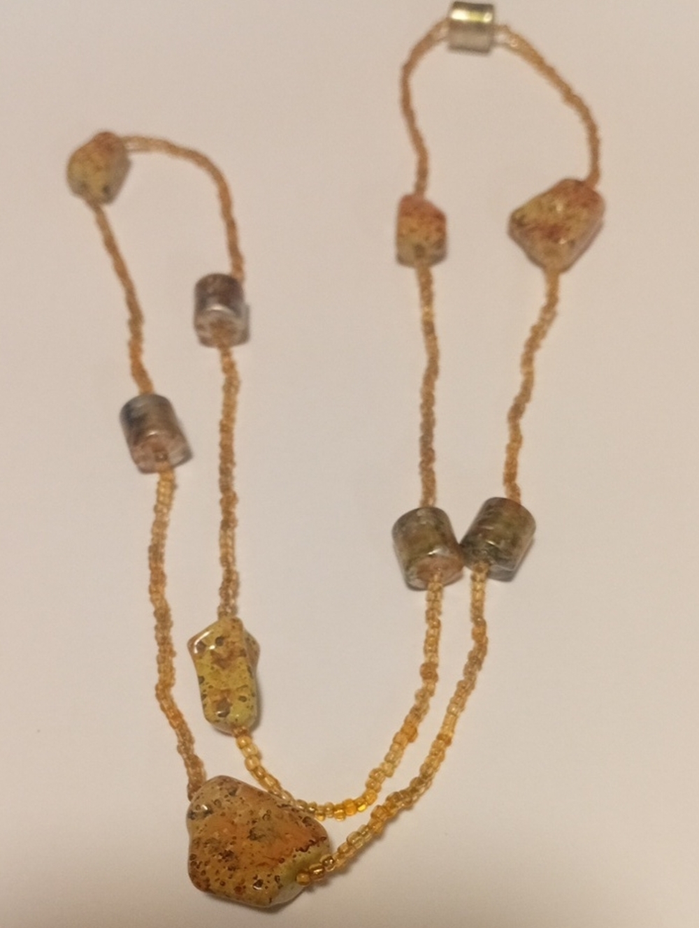 Vintage Beaded Multi-Tone Glass and Gold Seed Bead Necklace - Amber
